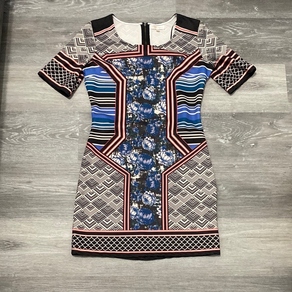 Jealous Tomato Blue and White Mixed Print Sheath Mini Dress, Size Large